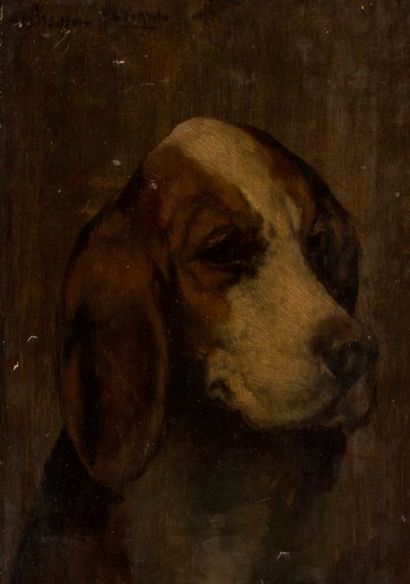 null Théodore LÉVIGNE (1848-1912). Tête de chien de meute. Deux huiles sur toile...