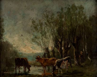 null Théodore LÉVIGNE (1848-1912). Trois vaches à l'abreuvoir. Huile sur toile, non...