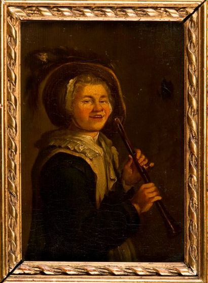 null Ecole Flamande du XIXème siècle. Jeune fille à la flûte. Huile sur panneau....