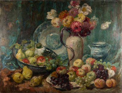 null Jacques MARTIN (1844-1919). Bouquet de fleurs et fruits sur un entablement....