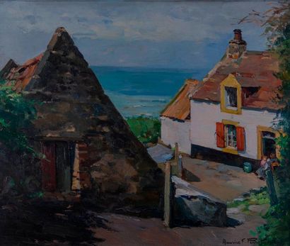 null Maurice F. PERROT (1892-?). Maisons en Bretagne.1936. Huile sur panneau, signée...