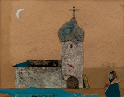 null PHILIBERT-CHARRIN (1920-2007). Homme devant une église au clair de lune. Collage...