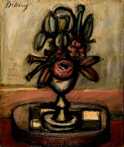 null Franz PRIKING (1929-1979). Vase de fleurs sur un entablement. Huile sur toile,...