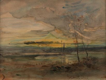 null François-Auguste RAVIER (1814-1895). Etang au coucher du soleil. Aquarelle,...