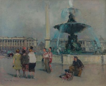 null *Jules René HERVE (1887-1981). Place de la Concorde animée. Huile sur toile,...