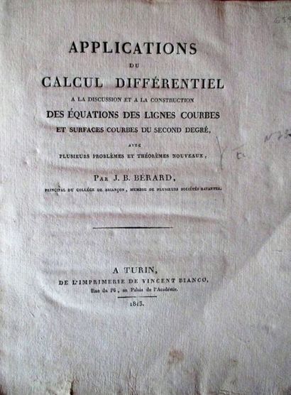 null BERARD (J.B.). Applications du calcul différentiel à la discussion et la construction...