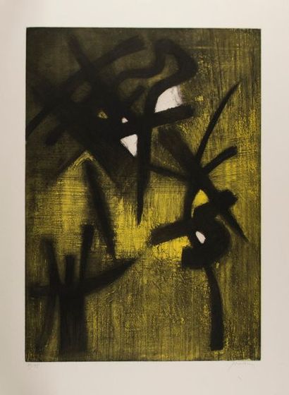null Mario PRASSINOS (1916-1985). "Jaune-Noir". Aquatinte couleur sur BFK Rives....