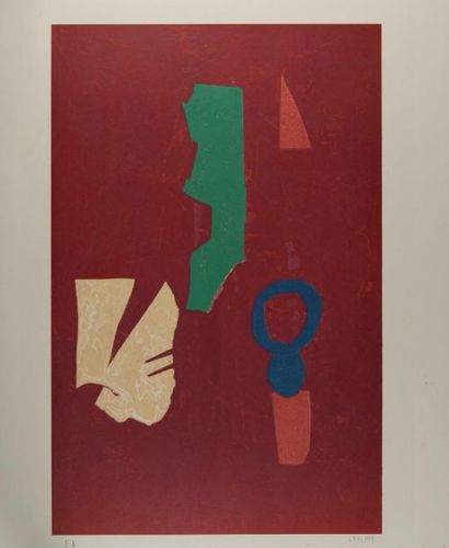 null André LANSKOY (1902-1976). Composition sur fond rouge. Lithographie couleur,...