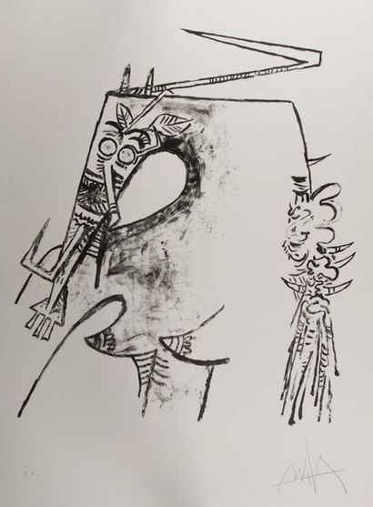 null Wilfredo LAM (1902-1982). Figure, noir et blanc. Lithographie en noir et blanc....