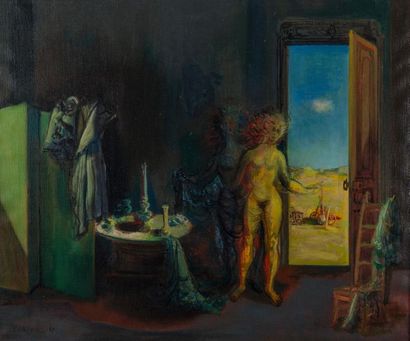 null Jean CARZOU (1907-2000). Deux nus dans un intérieur, porte ouverte. 1943. Huile...