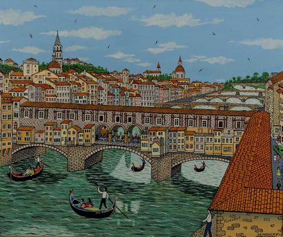 null André DEMONCHY (1914-2003). "Le Ponte Vecchio à Florence". 1972. Huile sur toile,...
