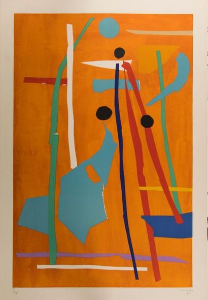 null André LANSKOY (1902-1976). Composition sur fond orange. Lithographie couleur....