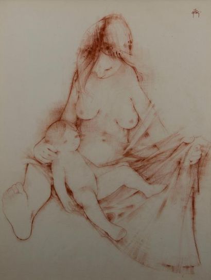 null Daniel GELIS (1942). Maternité.Sanguine, signé en haut à droite. 85x50 cm