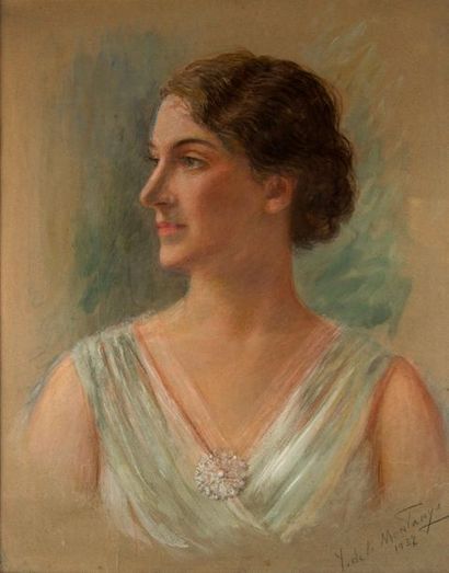 null Y. de la MONTANYA (XIX-XXe). Portrait de femme en robe blanche. Pastel, signé...