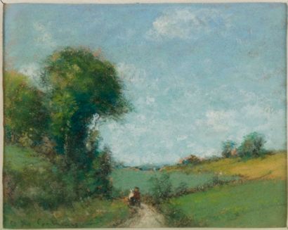 null Ecole du XXème siècle. Paysages. Deux pastels formant pendant. Signature illisible,...