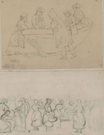 null Louis GUY (1824-1888). Pêcheurs et Marché en Normandie. Deux dessins sous le...
