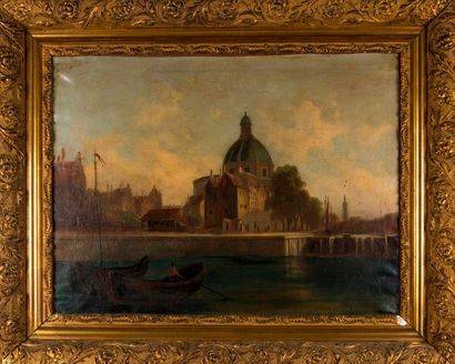 null Ecole hollandaise du XIXème siècle. Ville animée, vue du canal. Huile sur toile,...