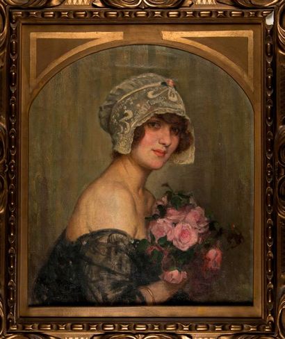 null Pierre BONNAUD (1865-1930). Portrait de femme au bonnet de dentelle et au bouquet...