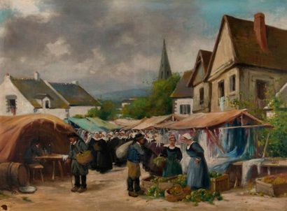 null Paul PASCAL (1867-1945). Marché breton. Huile sur toile, signée en bas à droite....