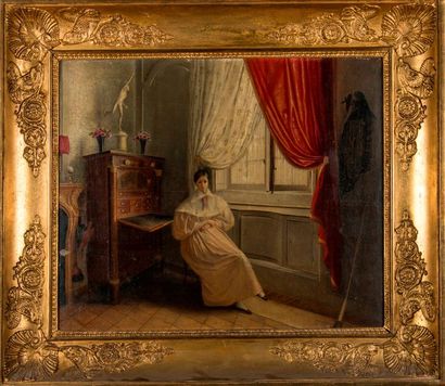 null Ecole Française du début du XIXème siècle, vers 1830. Femme dans son intérieur,...