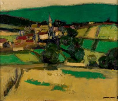 null Jean PERRET (1910-2003). Village au printemps. Huile sur toile, signée en bas...