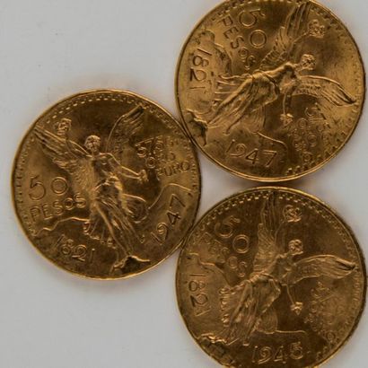 null Trois pièces or 50 pesos Mexicanos : une de 1945 et deux de 1947