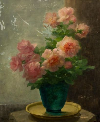 null Thérèse GUERIN (1861-1933). Vase de roses. Huile sur toile, signée en bas à...