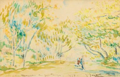 null Jules JOETS (1884-1954). Le Parc Monceau au printemps, 1938. Aquarelle, titrée,...