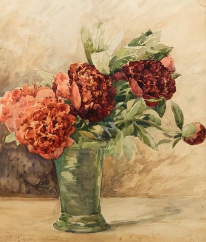 null P. DUBUY. Le Bouquet de pivoines.1904. Aquarelle, signée, dédicacée et datée...