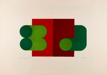 null Hans NAGEL (XXe). Composition en rouge et vert. 1966. Lithographie couleurs...