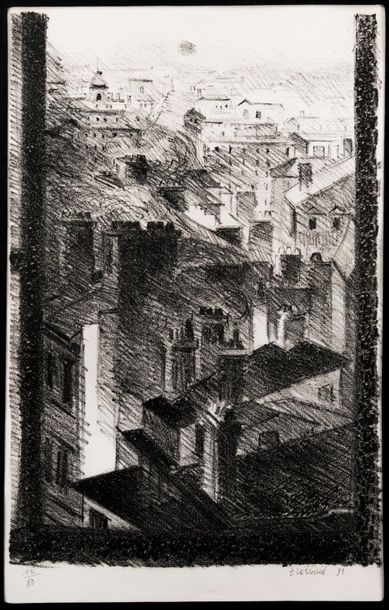 null Jacques LESCOULIE (1935 ), Les toits. Lithographie en noir et blanc, signée...