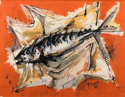  Roger LERSY (1920-2004). Nature morte au poisson, fond orange. 1955. Technique mixte...