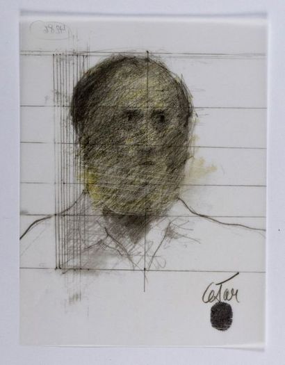 null CESAR (1921-1998). Autoportrait. Crayon et pastel jaune sur calque, avec mise...