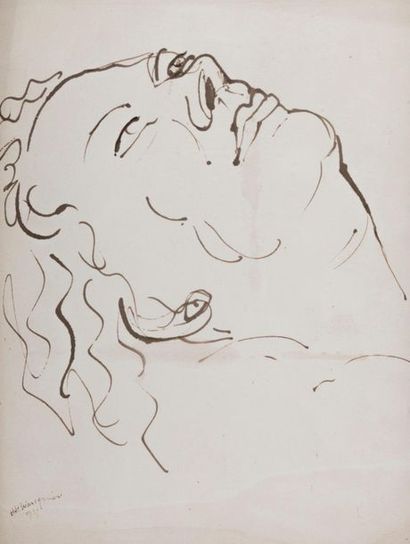  Henry DE WAROQUIER (1881-1970). Visage en extase. 1939. Encre sur papier, signée,...