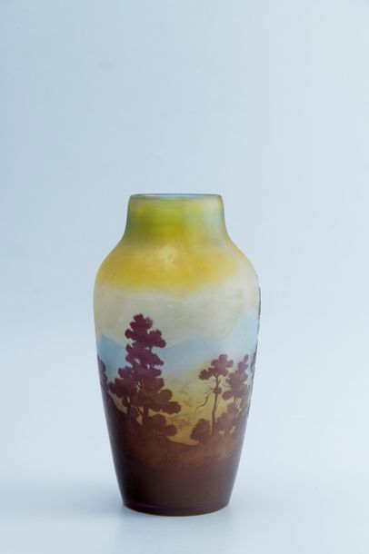 null Emile GALLE (1846-1904). Vase en verre triplé à décor dégagé à l'acide et repris...