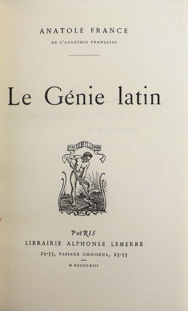 null FRANCE (Anatole). Le Génie latin. Paris, Lemerre, 1913. In-8, demi maroquin...