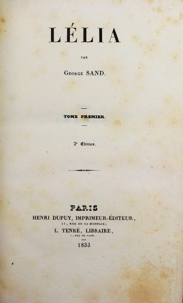 null SAND (George). Lélia. Paris, Dupuy, 1833. 2 volumes in-8, demi veau sable, dos...