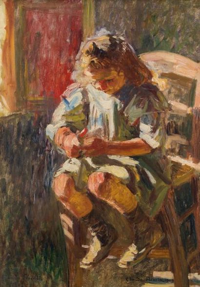 null Claude FIRMIN-GOY (1864-1944). Petite fille sur une chaise. 1909. Huile sur...