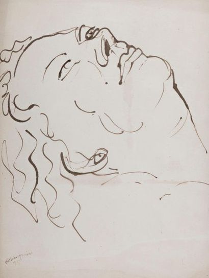 null Henry DE WAROQUIER (1881-1970). Visage en extase. 1939. Dessin plume sepia sur...