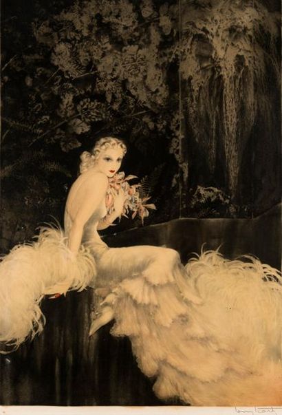 null Louis ICART (1888-1950). Orchidées, élégante en tenue de soirée devant un paravent...
