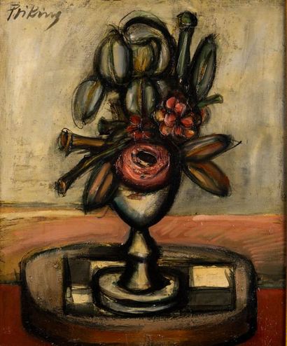 null Franz PRIKING (1929-1979). Vase de fleurs sur un entablement. Huile sur toile,...