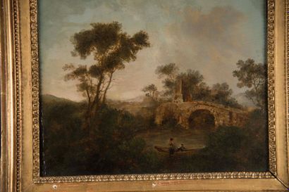 null Ecole Française du XVIIIème siècle. Paysage italianisant devant un pont de pierre....