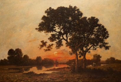 null Léon RICHET (1847-1907). Soleil couchant, forêt de Fontainebleau. Huile sur...