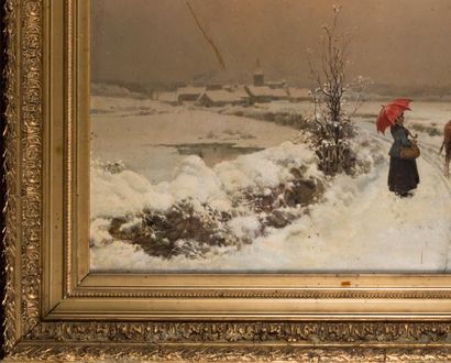 null Théodore LEVIGNE (1848-1912). Femme au parapluie rouge et bouvier, dans un paysage...