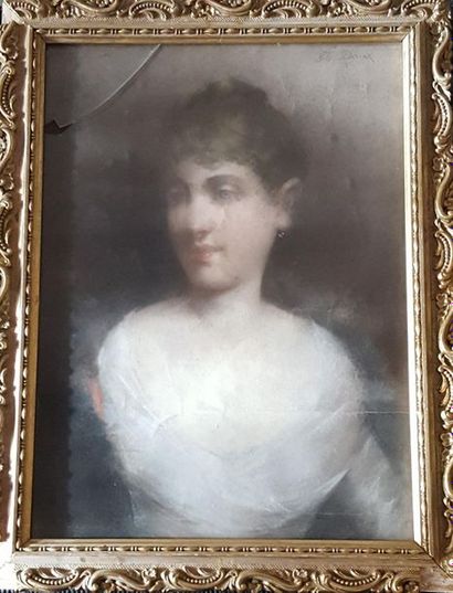 null Charles Edmond DAUX (1855-c.1937). Portrait de femme en blanc. Pastel, signé...