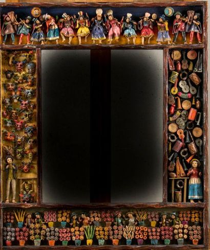 null AYACUCHO. Miroir péruvien en bois polychrome. Edilberto JIMENEZ. 67x57 cm.