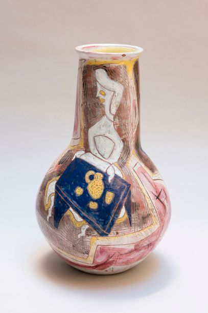 null BEN LISA René (1926-1995). Grand vase en céramique polychrome à décor de deux...