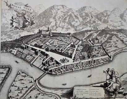 null (Savoie) THEATRE DE SAVOIE - Vue de BONNEVILLE - Blaeu, vers 1670. 

Superbe...