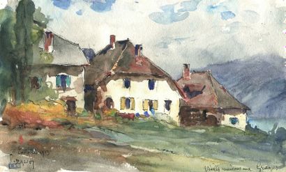null DREVET Joannès (1854-1940). Vieilles maisons aux Granges, Talloires, 1913. Aquarelle,...
