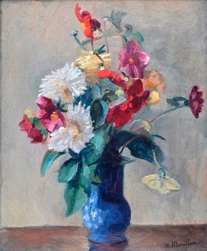 null MORILLON Étienne (1884-1949). Bouquet de fleurs dans un vase bleu. Huile sur...